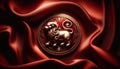 Elegant Lion Emblem on Red Silk Fabric, AI Generated