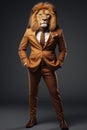 Elegant lion with human body in full length in cool pose, wearing business suit, standing with hands in pockets.