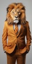 Elegant lion with human body, wearing business suit, standing with hands in pockets