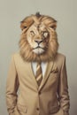 Elegant lion with human body, wearing discreet beige business suit, standing with hands in pockets