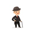 Elegant little boy in black suit with walking stick, young gentleman dressed up in classic retro style vector Royalty Free Stock Photo