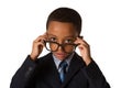 Elegant little boy with glasses in business suit. Concept of leadership and success. Isolated Royalty Free Stock Photo