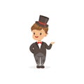 Elegant little boy wearing dinner jacket and black top hat, young gentleman dressed up in classic retro style vector