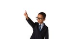 Elegant little boy with glasses in business suit. Studio shot. Isolated Royalty Free Stock Photo