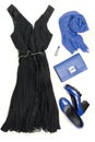 Elegant little women`s black dress and blue accessories for celebration or holiday. Flat lay Royalty Free Stock Photo