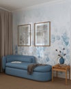 Elegant living room in blue and beige tones with wallpaper, carpeted floor and fabric sofa. Japandi classic interior design Royalty Free Stock Photo