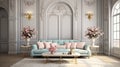 Elegant Living Room With Blue Sofa And Pink Flowers Royalty Free Stock Photo