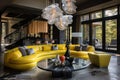 Elegant living room with a bold yellow sectional sofa, unique lighting fixtures, and modern decor surrounded by nature Royalty Free Stock Photo