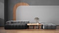 Elegant living room close up in gray tones, modern sofa and pouf, wooden side table with bonsai, concrete walls with decors.