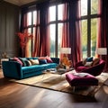 Elegant Living Room with Floor-to-Ceiling Windows and Billowing Silk Drapes Royalty Free Stock Photo