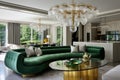 Elegant living room with a green velvet sofa, stylish glass chandelier, and a gold coffee table