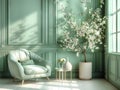 Elegant living room interior with green walls, white flowers, and a comfortable armchair