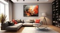Elegant living room interior with sofa, striking red pillows and 3d abstract painting in red and gold