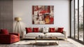 Elegant living room interior with sofa, striking red pillows and 3d abstract painting in red and gold