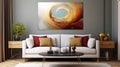 Elegant living room interior with white sofa, striking pillows and 3d abstract painting in red and gold