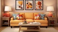 Elegant living room interior with yellow sofa, striking pillows and 3d abstract paintings in red and gold