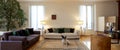 Elegant living room with large sofas and armchair. Vintage apartment interior with modern furniture