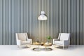Elegant lobby interior with modern striped wall and stylish armchairs. Conceptual design.