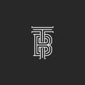 Elegant logo TB letters initials monogram, combination two letters T and B marks, black and white calligraphic linear BT emblem