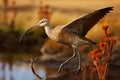 Elegant Long-billed Curlew, Numenius americanus, thrives in serene wetland environments.