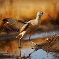 Elegant Long-billed Curlew, Numenius americanus, thrives in serene wetland environments.