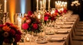 Elegant Long Dining Table Set for a Formal Event with Floral Centerpieces and Candles setting Royalty Free Stock Photo