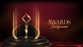 Elegant Looking Trophy Podium on stage. Red Golden Award Background. Luxury Premium Graphics.