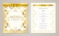 Design Restaurant Menu template with gold floral border frame stripy pattern