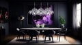 Elegant luxury black dinning room with purple abstract oil painting Royalty Free Stock Photo