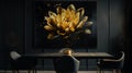 Elegant luxury black dinning room with gold lotus oil painting Royalty Free Stock Photo