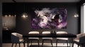 Elegant luxury black dinning room with purple abstract oil painting Royalty Free Stock Photo