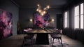 Elegant luxury black dinning room with purple abstract oil painting Royalty Free Stock Photo