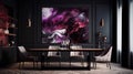 Elegant luxury black dinning room with purple abstract oil painting Royalty Free Stock Photo