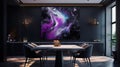 Elegant luxury black dinning room with purple abstract oil painting Royalty Free Stock Photo