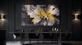 Elegant luxury black dinning room with silver and yellow lotus oil painting Royalty Free Stock Photo