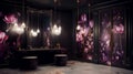 Elegant luxury black dressing room with purple, pink and white flower oil painting Royalty Free Stock Photo