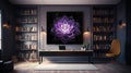 Elegant luxury black working and library room with purple abstract oil painting