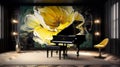 Elegant luxury dark music room with lotus oil painting in yellow and white