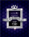 Elegant luxury event VIP PASS with silk fabric textured background, silver vintage frame and ribbon.