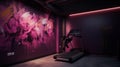 Elegant luxury fitness room with exercise machines with vivid magenta colors