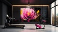 Elegant luxury fitness room with exercise machines with vivid magenta colors