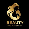Elegant luxury gold logo with beautiful face of young adult woman with long hair. Sexy symbol silhouette of head and Royalty Free Stock Photo