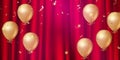 Elegant luxury golden ballon and red silk curtain background Happy Birthday celebration card banner template Royalty Free Stock Photo