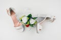 Elegant Luxury Laced Bridal Wedding Shoes And Bouquet With Red R Royalty Free Stock Photo