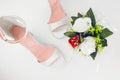 Elegant Luxury Laced Bridal Wedding Shoes And Bouquet With Red R Royalty Free Stock Photo