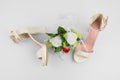 Elegant Luxury Laced Bridal Wedding Shoes And Bouquet With Red R Royalty Free Stock Photo