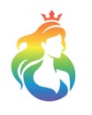 Elegant luxury logo with beautiful face of young adult woman with long hair. Princess, Qween, Crown. Rainbow, LGBTQ Royalty Free Stock Photo