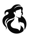 Elegant luxury logo with beautiful face of young adult woman with long hair. Sexy symbol silhouette of head and text Royalty Free Stock Photo