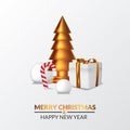 Elegant luxury merry christmas and happy new year. illustration of 3D sculpture golden pine christmas tree with snowball, present