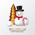 Elegant luxury merry christmas and happy new year. illustration of 3D sculpture golden pine christmas tree with snowball, snowman